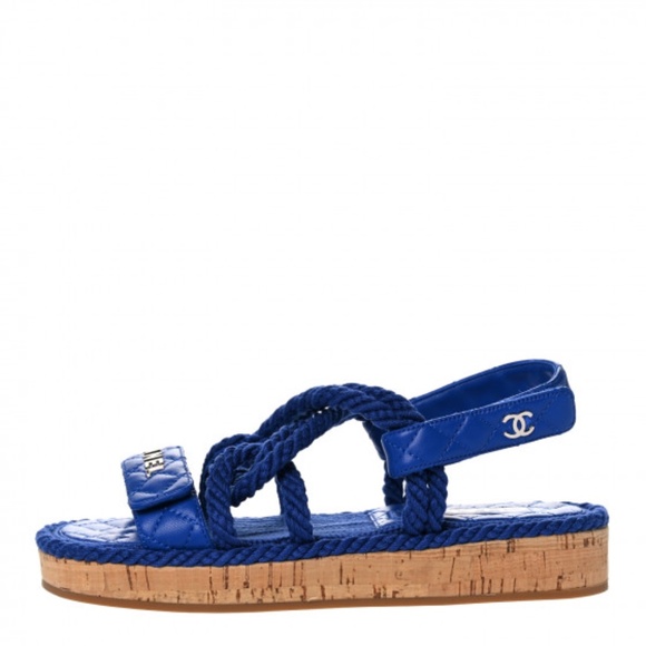 Cord Lambskin Quilted Logo Sandals 38 Blue - Picture 1 of 8